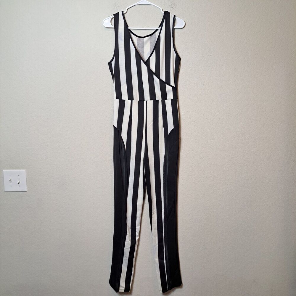 Si Style Black White Striped Jumpsuit Side Cutouts Mesh Beetlejuice Sz S-M NWOT